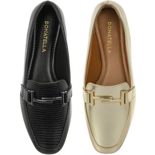 Kit 2 Pares Sapato Feminino Mocassim CM Calçados Bico Quadrado Confort Preto e Ouro Light