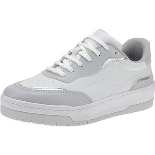 Tênis Lóris Shoes Feminino Casual com Detalhes Metalizado Fitness Dia a Dia Academia Confortável Plataforma 26060 Branco / Prata