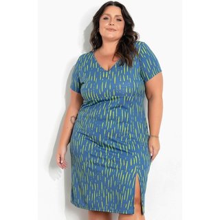 Vestido Com Fenda Plus Size Listras Azul Marguerite