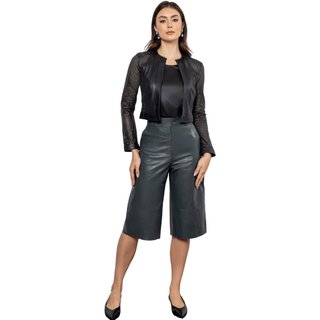 Calça Pantacourt em Couro JVL Pelica Cinza