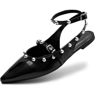 Sapatilha Feminina Lumiss Slingback Bico Fino Tachas Confortável Verniz Preto