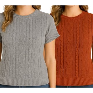 Kit 2 Blusas FMF Moda Feminina Tricô Manga Curta Trama Trançada Cinza