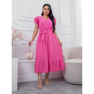 Vestido Lasie Longo Manga curta com Babados Fs Concept Confortavel e Casual Pink