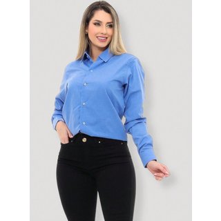 Camisa Social Feminina Premium Tipo Linho Azul Manga Longa