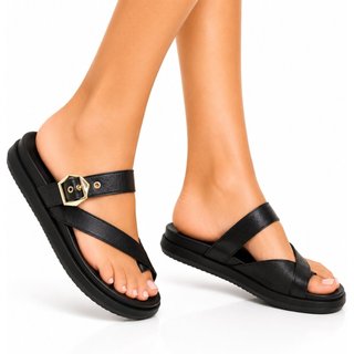 Sandália Flatform Papete Preta Feminina Tira Fivela Confortável 007