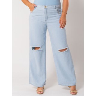 Calça Donna De Paula Wide Leg Azul Com Rasgo No Joelho Cintura Alta