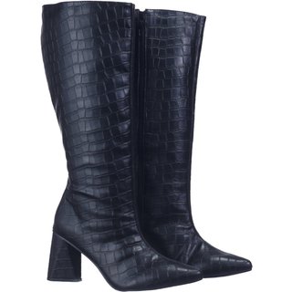 Bota Feminina Cano Longo Salto Triângulo Tendência 23020 Croco Preto