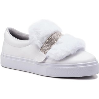 Tênis Feminino Slip On 3 em 1 Casual Strass E Pelúcia Branco 34 Branco
