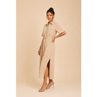 Vestido Chemise Lapetry Feminino Fenda Lateral Bege Social Básico