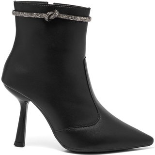 Bota Feminina Stessy Shoes Cano Curto Bico Fino Salto Alto Strass Brilho Preta