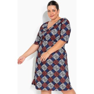 Vestido Transpassado Plus Size Geométrico Azul Marguerite