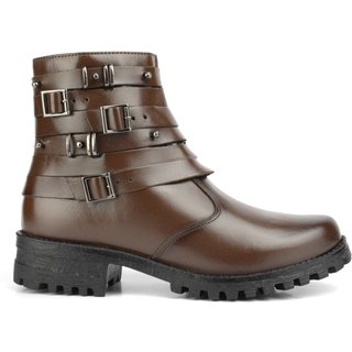 Bota Coturno Couro Feminino Cano Curto Solado Tratorado Baixo Zíper Fivelas Básica Casual Tabaco