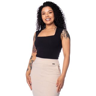 Blusa Feminina Cativa Regata Decote Quadrado Canelado Preto