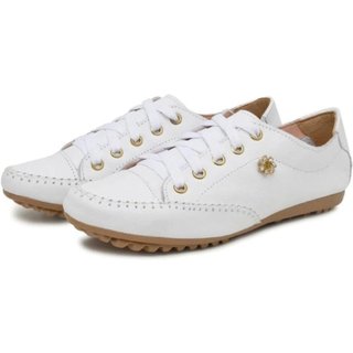 Sapatênis Tênis Feminino de Couro Branco com Broche