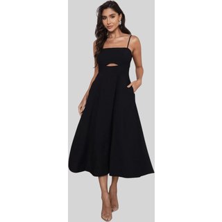Vestido Midi Amanda Detalhe Vazado C/ Bolsos Preto