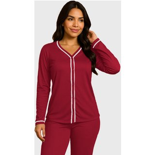 Pijama Blogueira Gabi Lingerie Manga Longa Feminino Confortável Moda Feminina Casual Básico Bordô