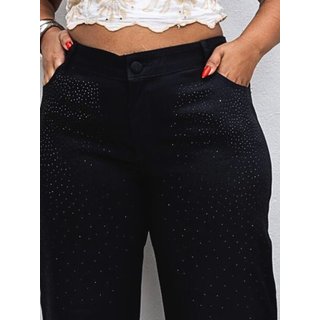 Calça Donna De Paula Wide Leg Preta Com Brilhos E Elastano Plus Size Feminina Cintura Alta