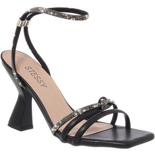 Sandália Feminina Com Strass Salto Alto Grosso Brilho Preto