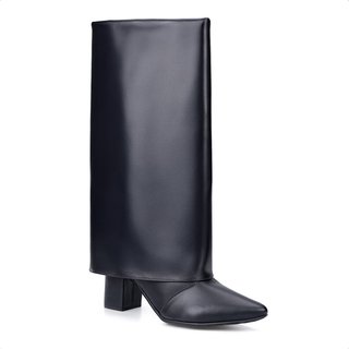 Bota Capa Domidona Feminina Cano Alto Salto Alto Bloco Bico Fino Preta