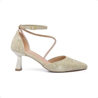 Scarpin Feminino Stessy Salto Taça Bico Fino Elegante Strass Luxo Velvet Ouro Light