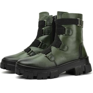 Coturno Couro Militar Feminino Tratorado Cano Médio Elásticos Ajustáveis Casual Verde Militar