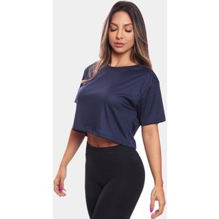 Cropped Manga Curta Feminino Dry Proteção UV Blusa Blusinha Academia Treino Azul Marinho