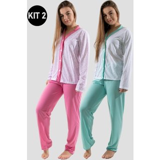 Kit 2 Pijamas 4 Estações Com Botão Amamentação Manga Longa Feminino Rosa/Verde
