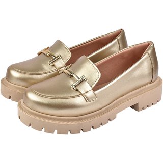 Sapato Feminino Mocassim Tratorado CM Calçados Bico Redondo Confort Ouro Light