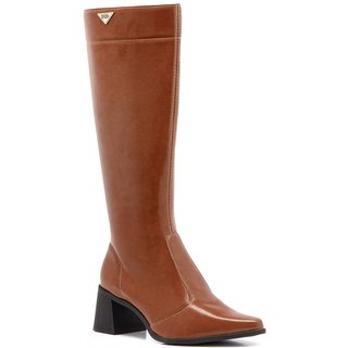 Bota Feminina Montaria Stessy Cano Alto Bico Fino Salto Confortável Lisa Elegante Moda Inverno Caramelo