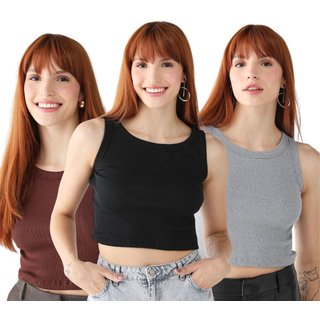 Kit 3 Cropped Levosch Regata Ribana Preto/Marrom/Cinza