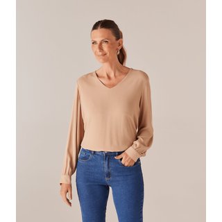 Blusa Decote V Com Abertura Lateral Barra Feminina Bege