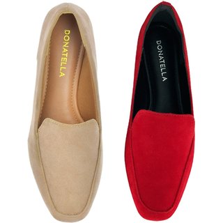 Kit 2 Pares Mocassim Feminino CM Calçados Nude e Vermelho Camurça