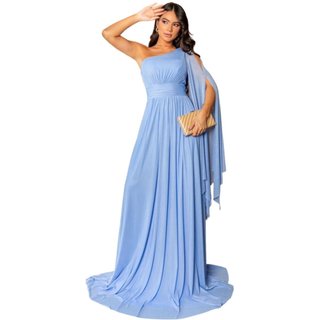 Vestido Longo Expresso Tule Manga Unilateral Azul Serenity
