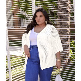 Casaco Cherry Line Kimono Vazado Plus Size Aberto Leve Manga Três Quartos Verão Tricot Off White