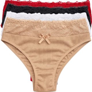Kit 4 Calcinhas Caneladas Feminina Cintura Alta Com Renda Básica Cós Alto Lingerie Conforto Calsinha