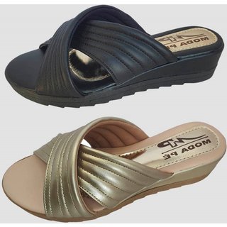 Kit 2 Pares Sandália Tamanco Feminino Anabela Conforto Moda Pé Preto/Dourado