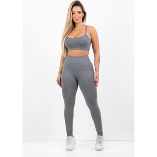 Conjunto Feminino Fitness Top alça fina e Calça Legging Lisa Treino Academia 4 Estações Cinza