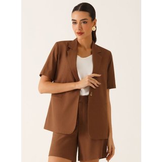 Blazer Manga Curta Alfaiataria em Linho Marrom Telma