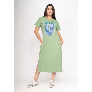 Vestido CabanaFree Midi Algodão Manga Curta Araras RIO Verde Floresta Viva