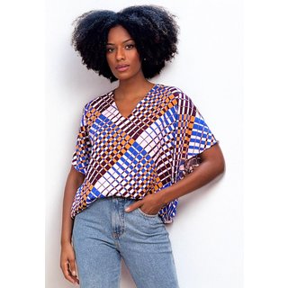 Blusa Amazonia Vital Gola V Manga Ampla Curta Estampa Geométrica