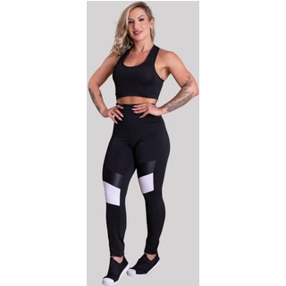 Conjunto Feminino Calça Legging Fitness GJR Modas Cintura Alta Com Detalhe E Top Liso Nadador Branco