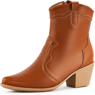 Bota Feminina Western Lumiss Texana Confortável Country Cano Curto Salto Grosso Rodeio Bico Fino Caramelo