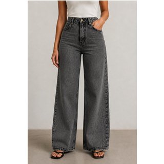 Calça Jeans Donna De Paula Wide Leg Cinza Grafite Pantalona Feminina Cintura Alta