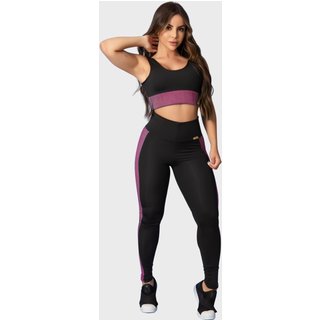 Conjunto Fitness Tarelles Top Calça Legging Detalhe 3D Preto e Rosa