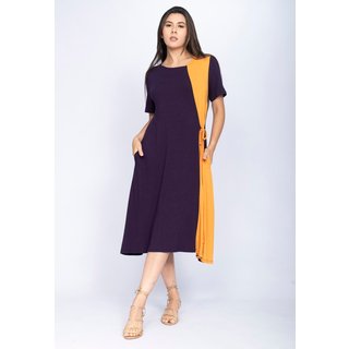 Vestido Amazonia Vital Bicolor Plus Malha Midi Azul e Mostarda