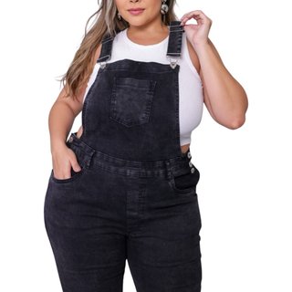 Macacão Jardineira Manchado Feminino Jeans Loka Plus Size