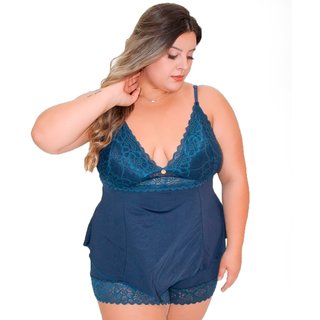 Short Doll Baby Doll Pijama Confortável Renda Luxo Plus Size Amanda Azul Marinho