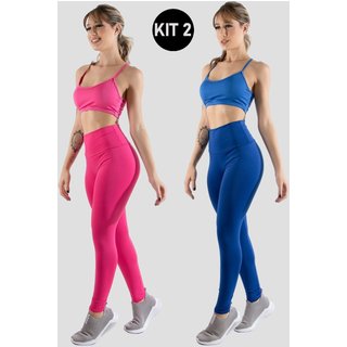 Kit 2 Conjuntos Feminino Fitness Top alça fina e Calça Legging Lisa Treino Academia 4 Estações Azul Royal/Rosa