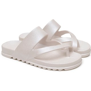 Chinelo Feminino Flat Anna Andrade Sandália Casual Papete De Dedo Moda Verão Metalizado Prata