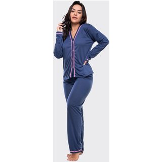 Pijama Feminino Longo 4 Estações de Botão Amamentação Pijama Gestante Pijama Americano Maternidade Azul Marinho